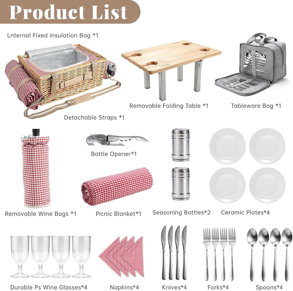 Wicker Picnic Basket Set for 4 with Detachable Table, Portable Utensil Bag