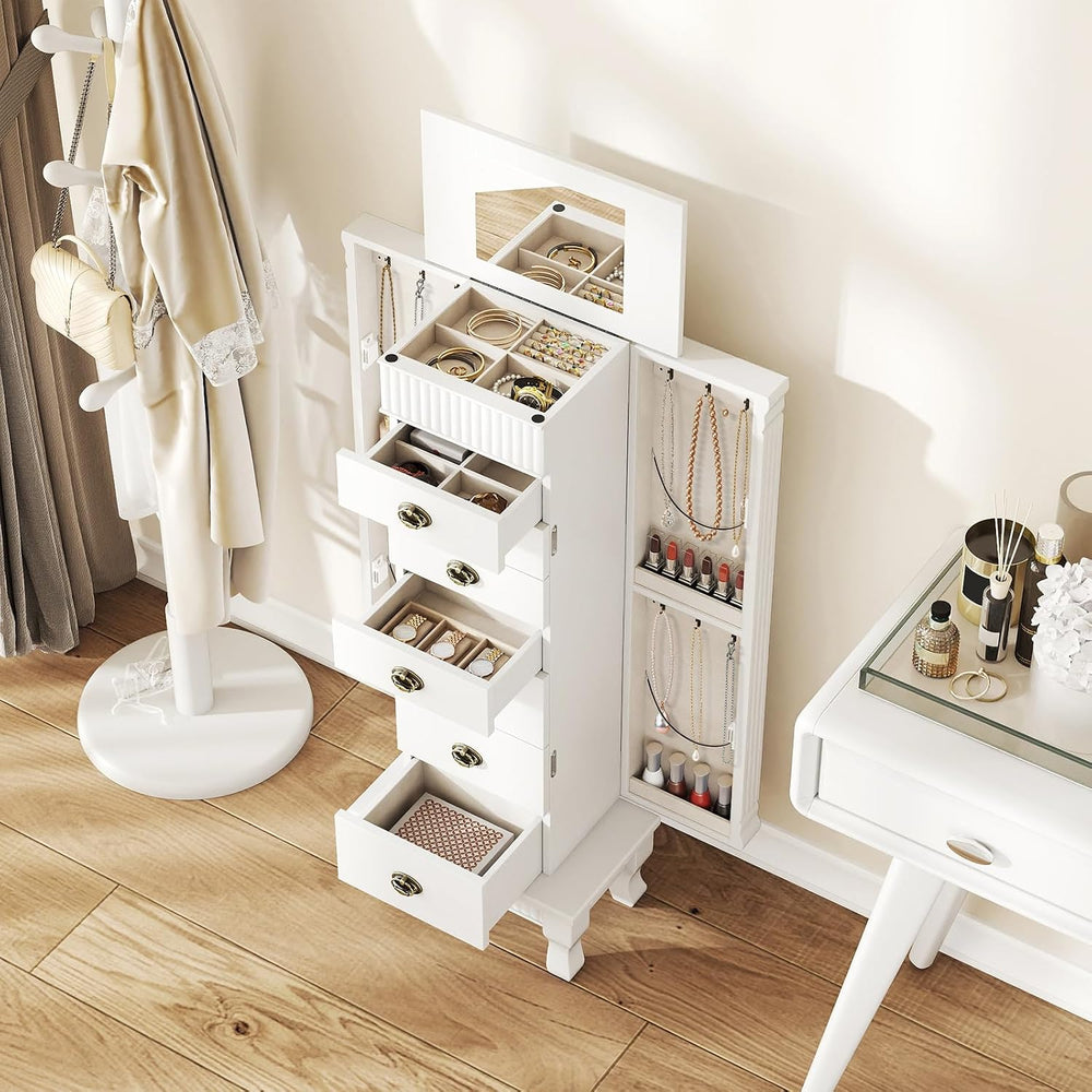 GIANTEX Standing Jewelry Cabinet with 7 Drawers, Flip-Top Mirror, White