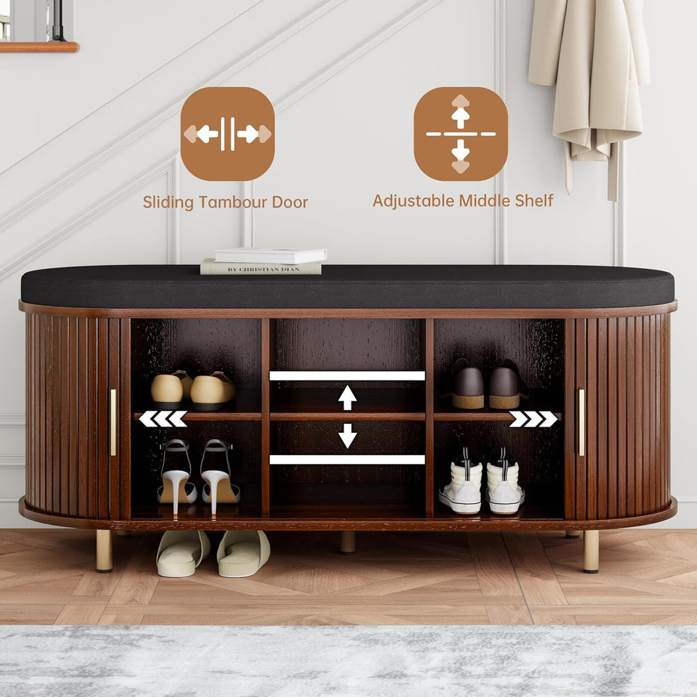 Entryway Bench with Storage: 43.31" Wooden Bedroom Shoe Bench with Thick...