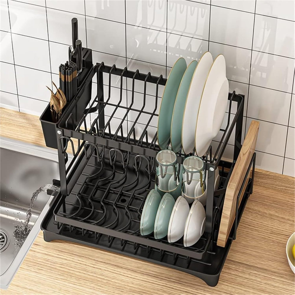 2 Tier Dish Drying Rack Stainless Steel with Auto Drainboard 360° Swivel Spou...