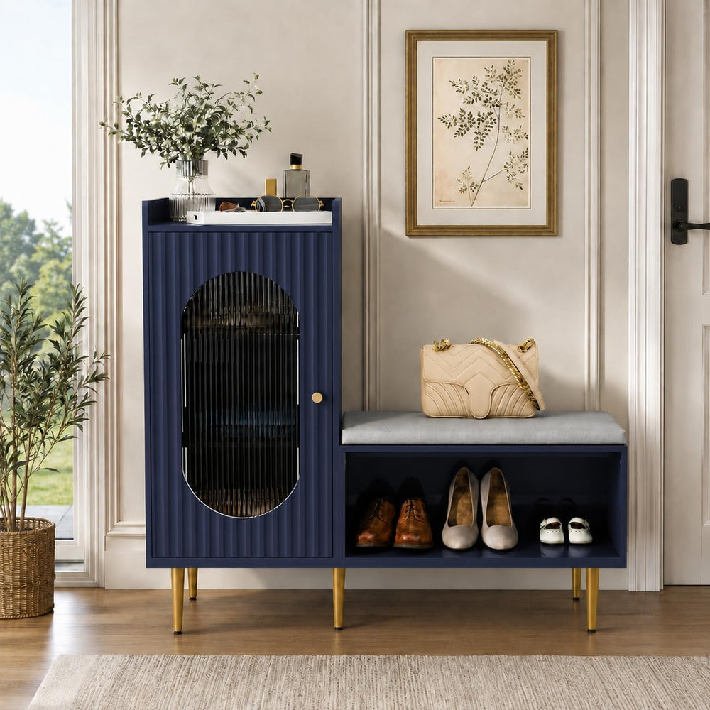 HLR Shoe Storage Bench with Glass Door&Shelf, L-Shaped Shoe Cabinet, Blue