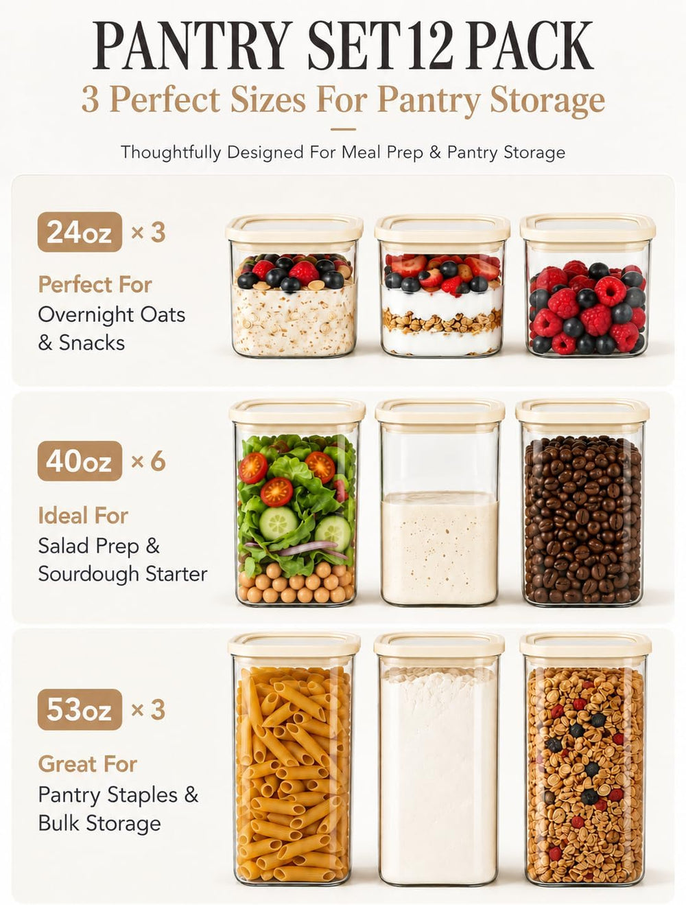 12-Pack Square Glass Pantry Storage Containers with Glass Lids