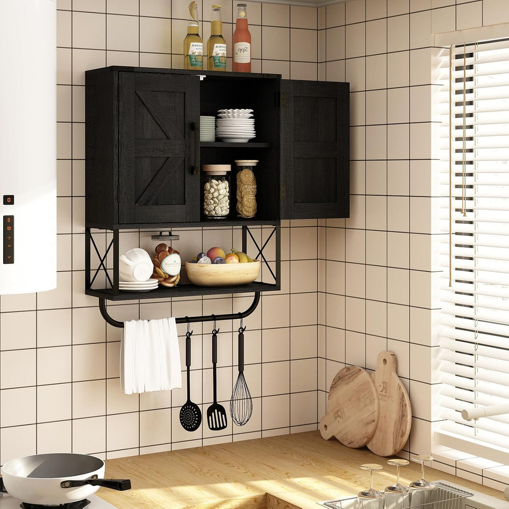 RUSTOWN Farmhouse Medicine Cabinet with 2 Barn Door & Towel Bar Rack