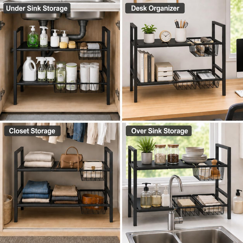 Expandable Under Sink Organizer, 2 Tier Under Sink Shelf, Height Adjustment, ...