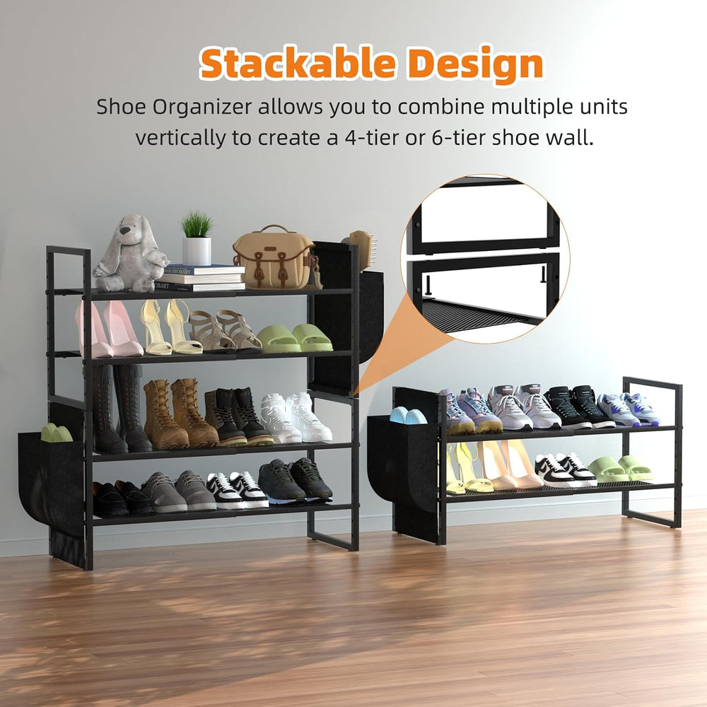 Shoe Rack with Side Pocket, Expandable 2-Tier Mesh Shoe Organizer for Closet,...