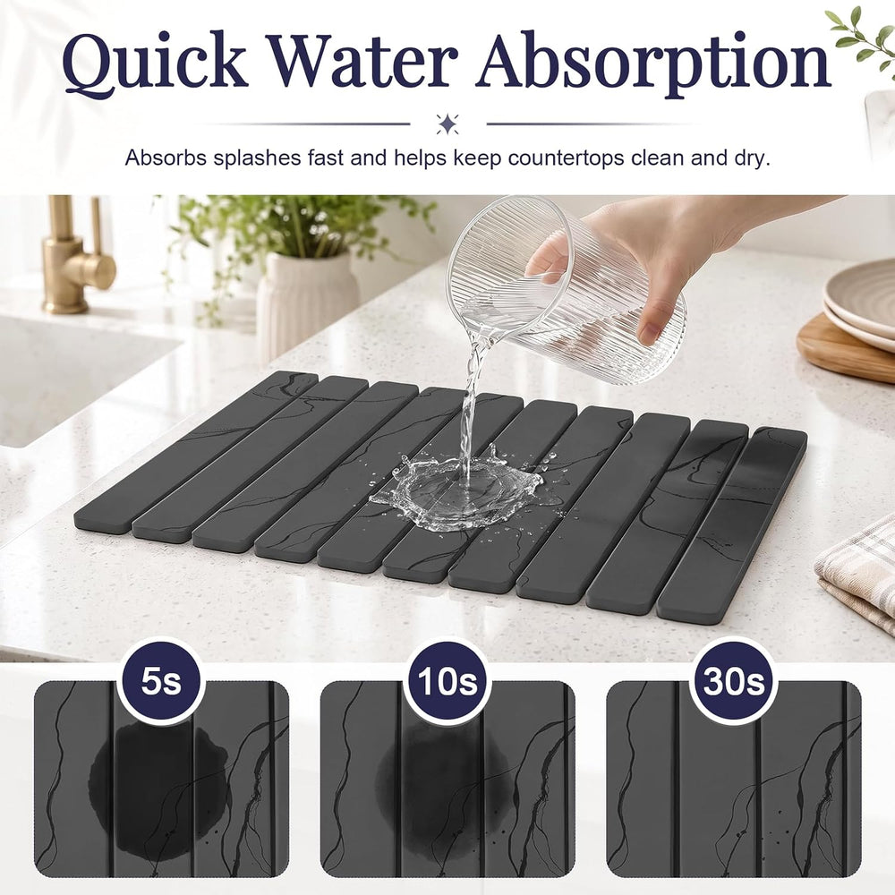 Large Stone Dish Drying Mat Set for Kitchen Counter Dark Gray Marble