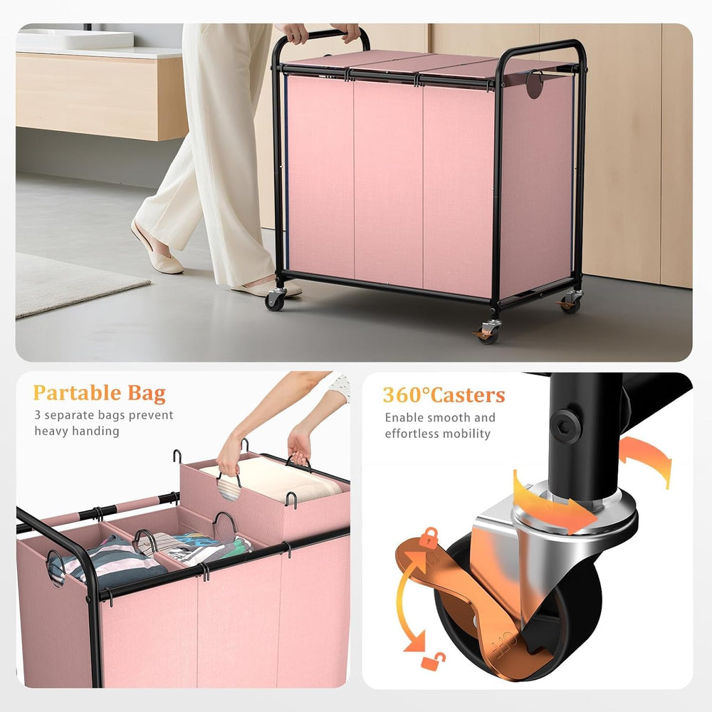180L Laundry Sorter 3 Section, Rolling Laundry Basket with Wheels and Lid