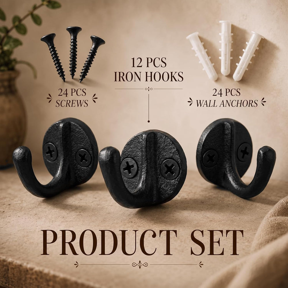 Duraaamo 12 Pcs Rustic Cast Iron Coat Hooks 1.6 x 1.1 in Heavy Duty, Black