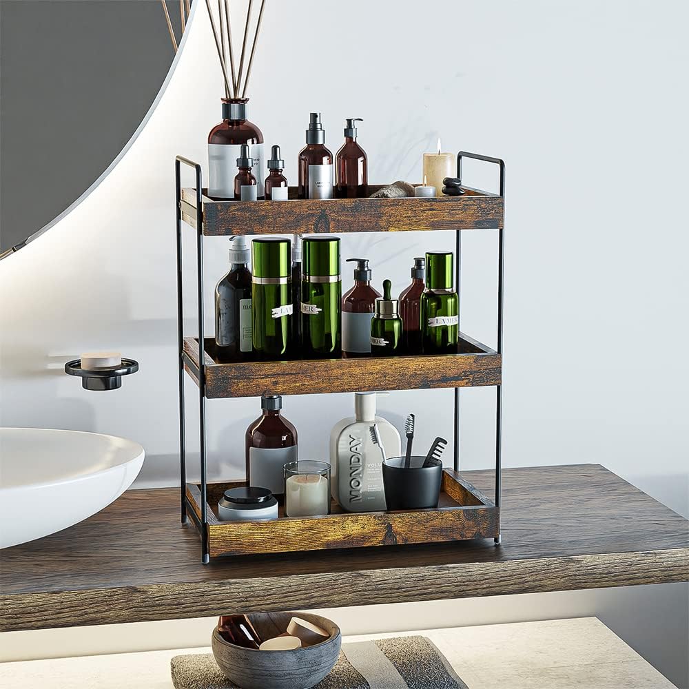 3-Tier Wood Bathroom Counter Organizer, Kitchen Spice Rack