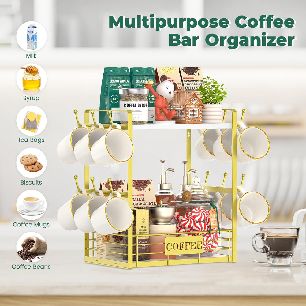 Coffee Mug Cup Holder Tree Bar Station Organizer, 2 Tier Gold