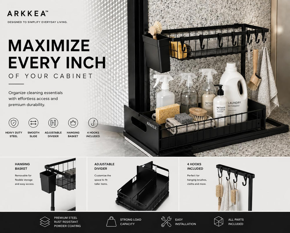 2-Tier Under Sink Organizer, Pull-Out Sliding Drawer, Heavy Duty Metal Storag...