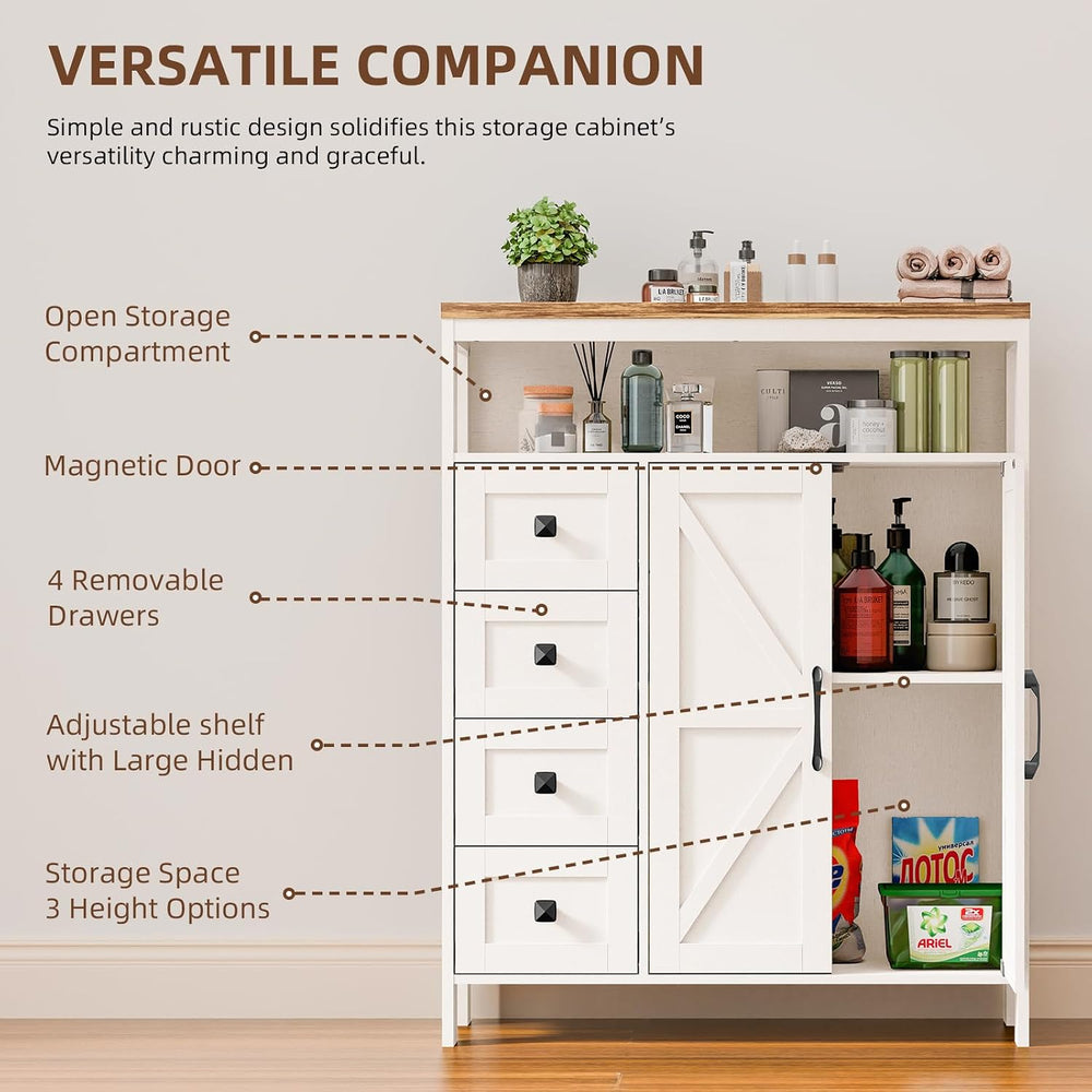 Vabches Farmhouse Storage Cabinet with 2 Doors and 4 Drawers, Unique White