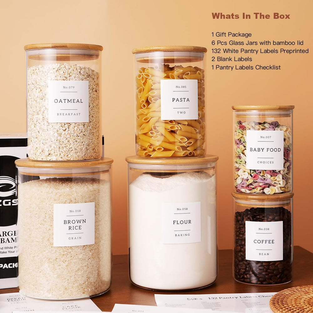 CZZGSM Set of 6 Glass Flour and Sugar jars with 132 Kitchen Pantry Labels - T...