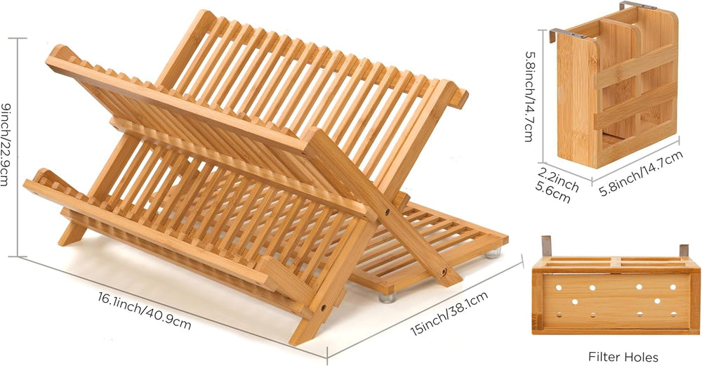 Bamboo 3 Tier Dish Drying Rack with Utensil Holder