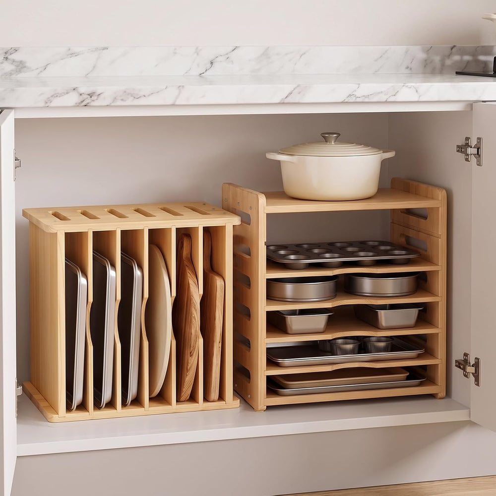 Wood Tray Dividers for Cabinets, 4 Tier, Baking Sheet Organizer for Kitchen