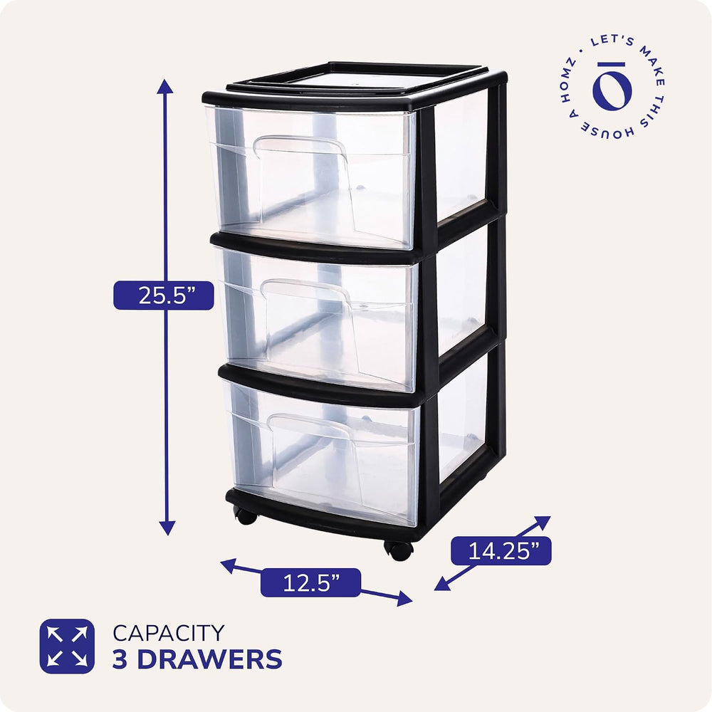 Homz 3 Drawer Plastic Storage Cart Organizer, Clear Drawers, Black Frame