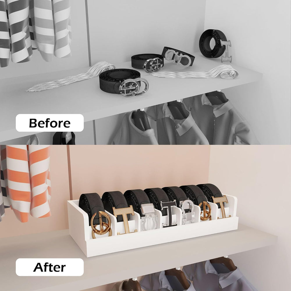 Belt Storage Organizer Box - 7 Grids Bamboo Belt Organizer for Closet | Woode...