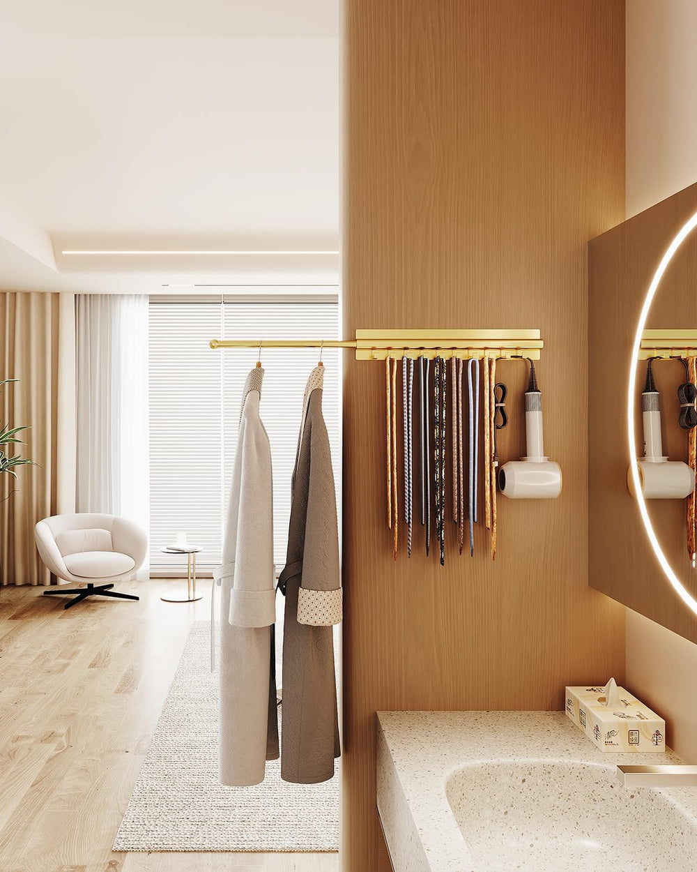 Adhesive Valet Rod for Closets Pull Out 16.5" Gold with 10 Hooks