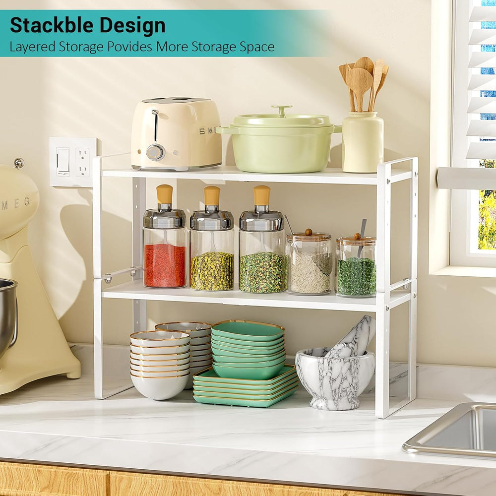 2 Pack Expandable Cabinet Organizer Shelves, 88lbs High Weight Capacity, Stac...