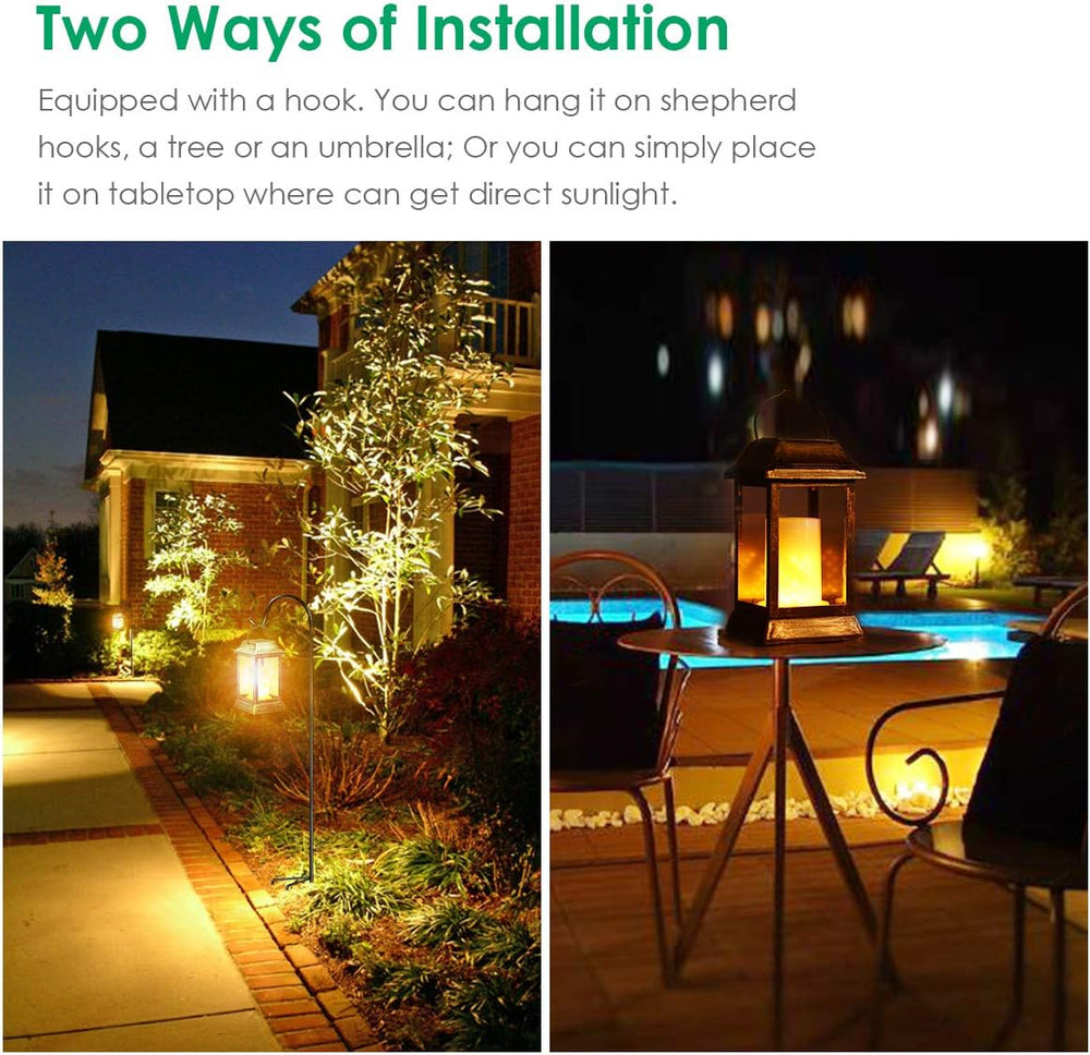 TomCare Flickering Flame Solar Lights Outdoor Metal Hanging Lantern, 2 Pack