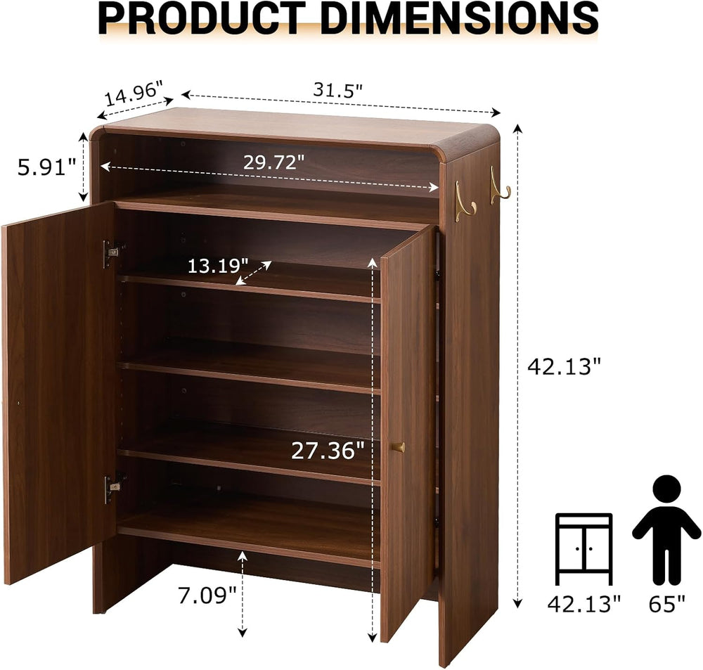 Walnut Shoe Cabinet with Doors, Large Shoe Storage Cabinet for Entryway