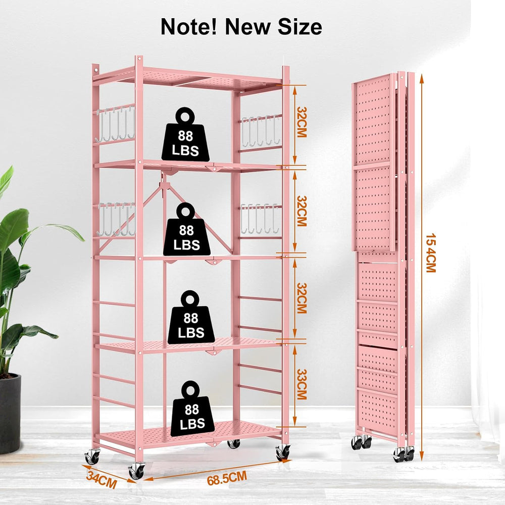 5-Tier Folding Storage Shelves with 20 Hooks Wheels Home Pink