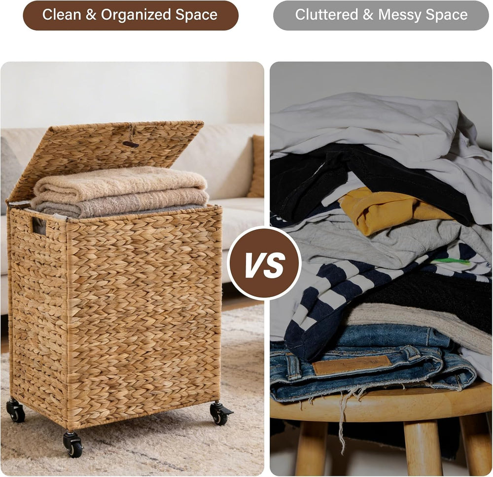 Hand-Woven Natural Water Hyacinth Laundry Basket with Wheels