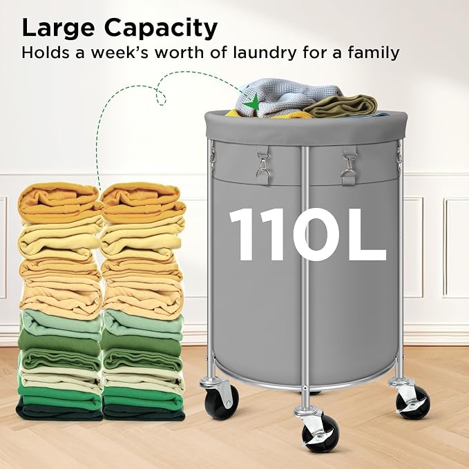 Laundry Hamper with Wheels, 100L Round Rolling Laundry Basket Sorter with