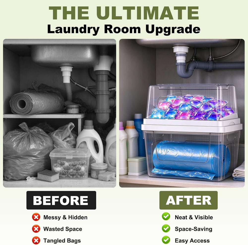 Trash Bag Dispenser with Laundry Pod Storage, Clear Under Sink Organizer