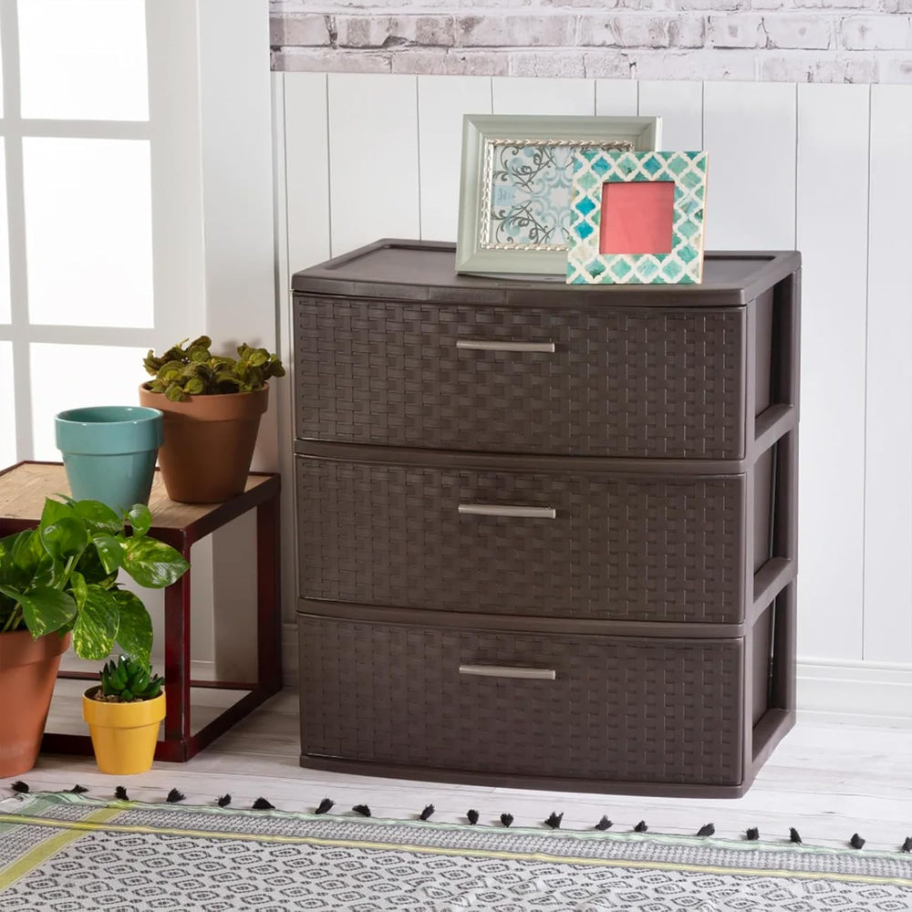 Sterilite Wide 3 Drawer Weave Tower, Home Organizer, Espresso
