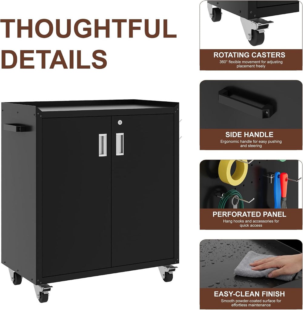Metal Storage Cabinet with Wheels - Lockable, Rolling Tool Cabinet for Home, ...