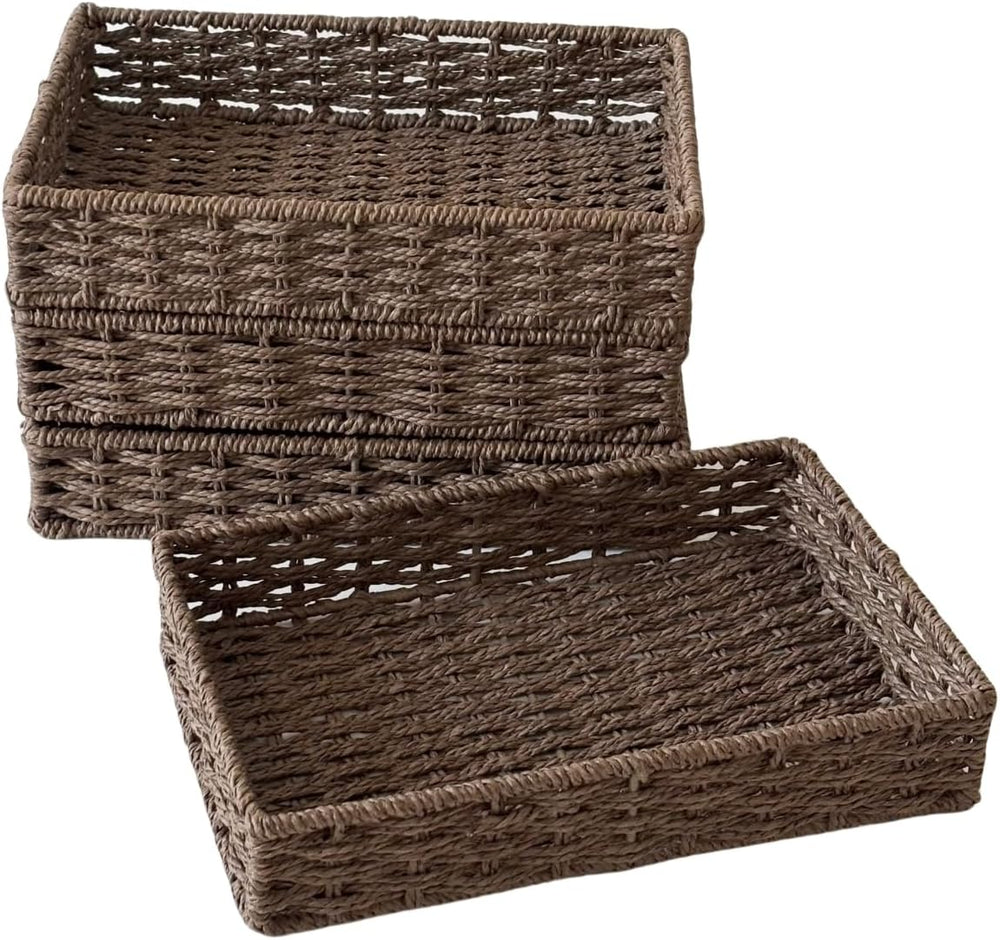 4PCS Small Woven Paper Rope Shallow Basket Organizing,Dark Brown
