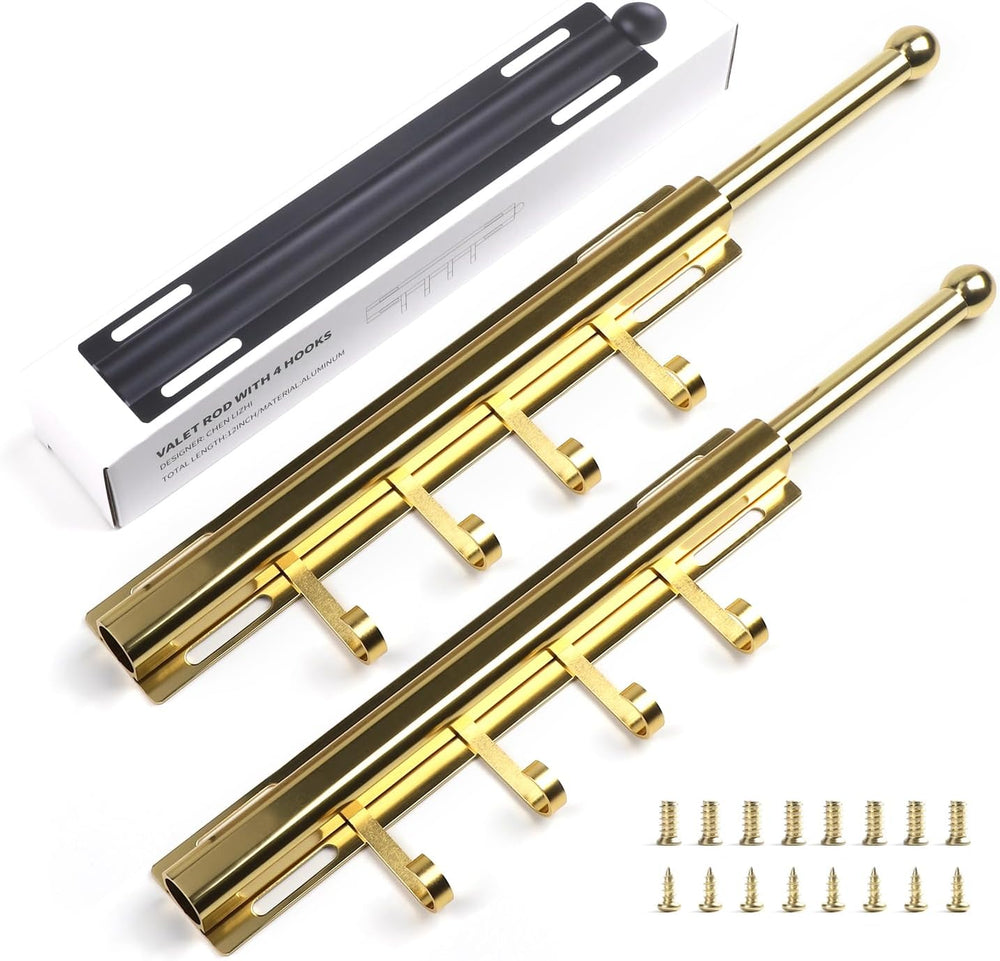 Valet Rod for Closets Pull Out 12" Gold with 4 Hooks (2Pack)