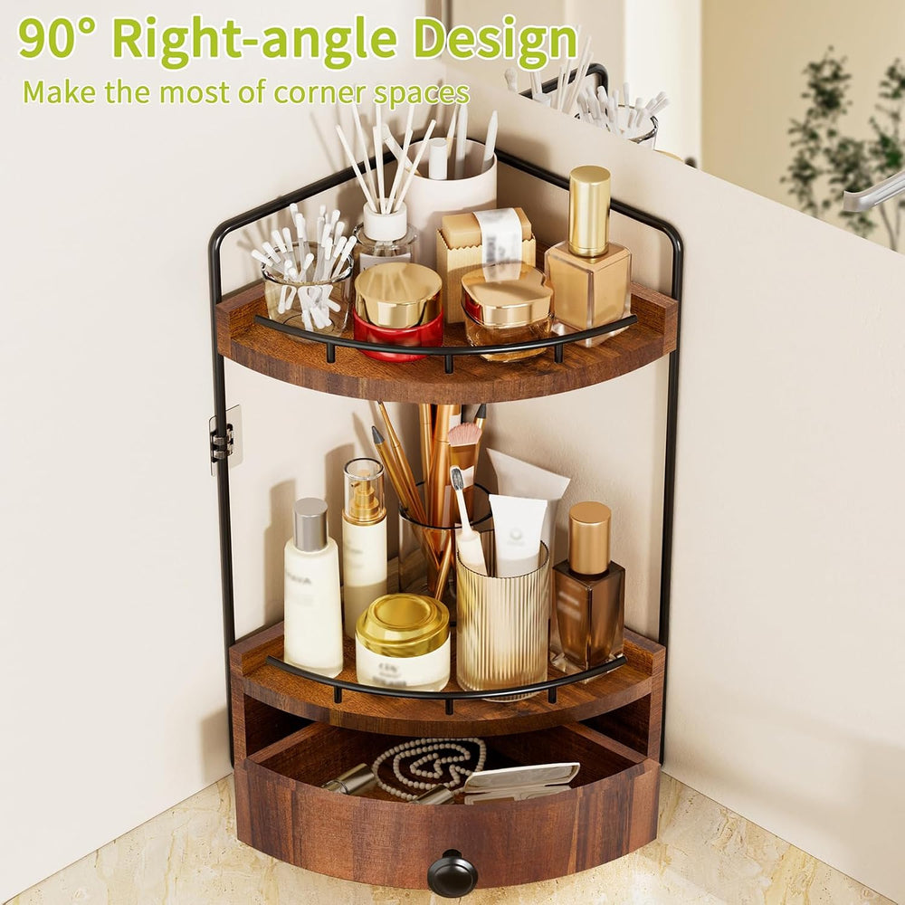2-Tier Corner Bathroom Counter Organizer with Drawer, Acacia Wood