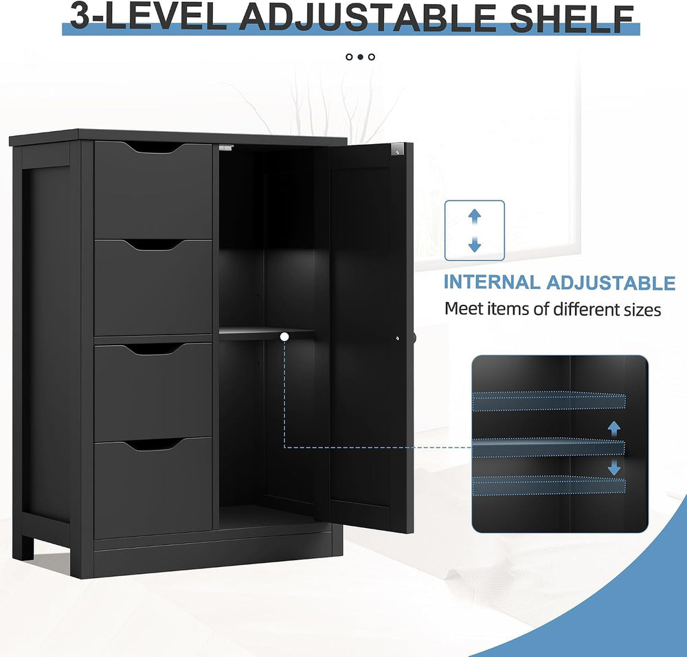 Shintenchi Bathroom Small Floor Storage Cabinet with 4 Drawers, Black