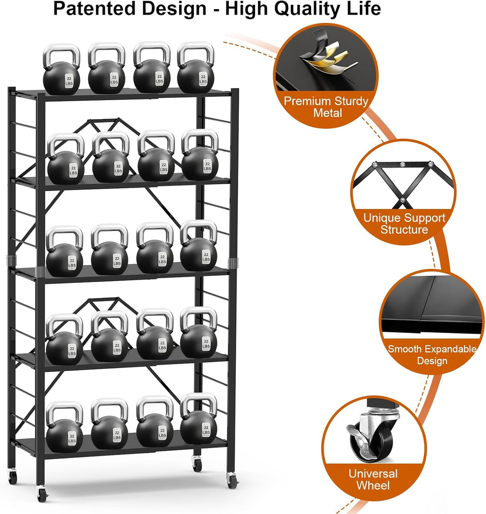 5-Tier Foldable Expandable Storage Shelves Wheels Kitchen 2-in-1 Rack