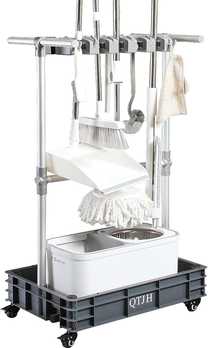 Broom mop holder cleaning supplies organizer janitorial carts on wheels