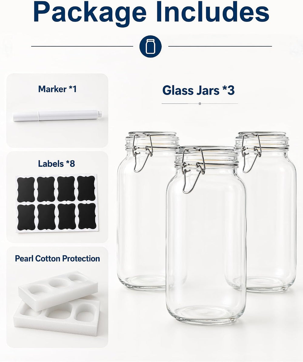 78oz Glass Jars with Airtight Lid, 3 Pack Large Glass Storage Jars