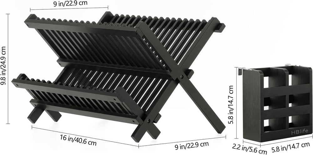 HBlife Dish Rack, Bamboo Folding 2-Tier Collapsible Drainer Dish Drying Rack ...