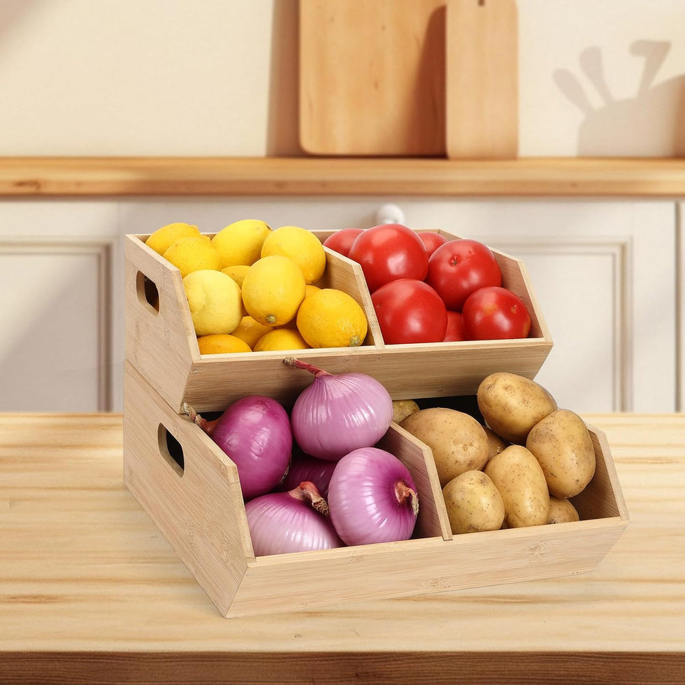 Bamboo Pantry Organizers and Storage Bins, 2 Set Stackable Baskets for Vegeta...