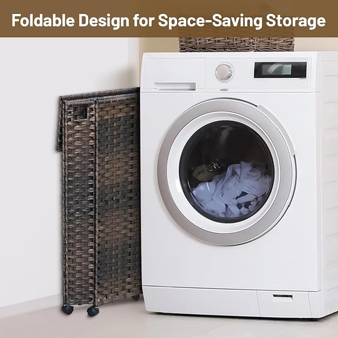 70L Slim Laundry Hamper with Lid & Wheels, 2-Park Rolling Laundry Basket ...