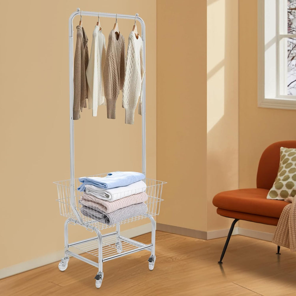 Laundry Cart with Hanging Rack, Metal Garment Organizer with Basket and Shelv...