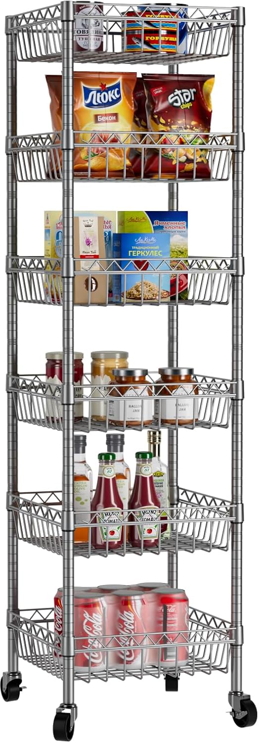 Basket Shelves Closet Rack with Wheels Metal Pantry Wire Shelf Unit