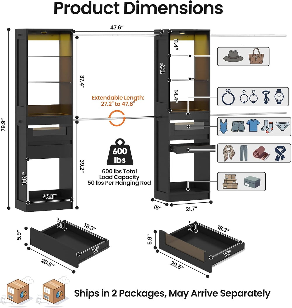 6-12 Ft Closet System with LED Lighting & 4 Adjustable Rods (Black)