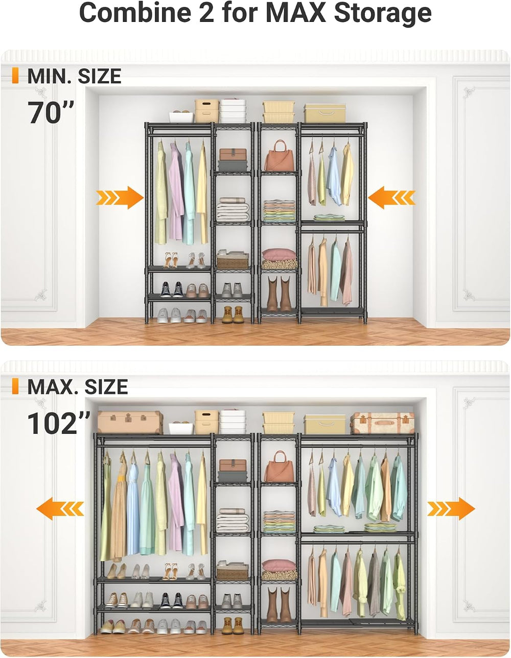 Expandable Clothes Rack with Shelves for Heavy Duty Closet Organizer System