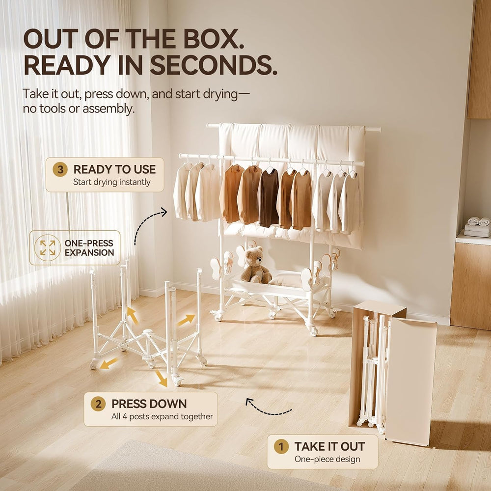 SUJI Foldable Clothes Drying Rack with Wheels & Shoe Rack, White