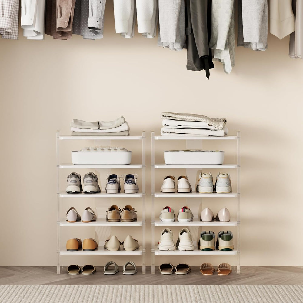 5-Tier Shoe Rack, Wood Acrylic Shoe Shelf, White, 18.9" W