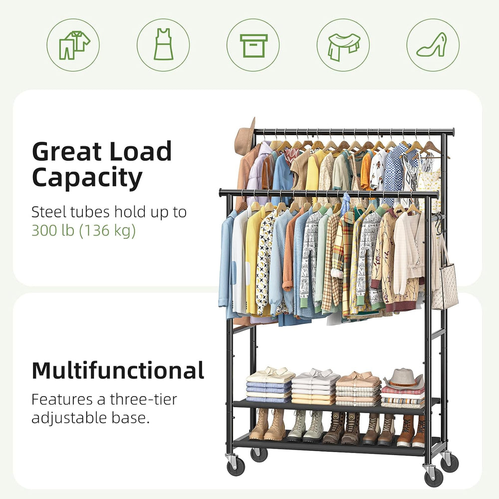 Ekisemio Double Rods Clothes Rack for Hanging Clothes, Rolling Clothing Rack ...