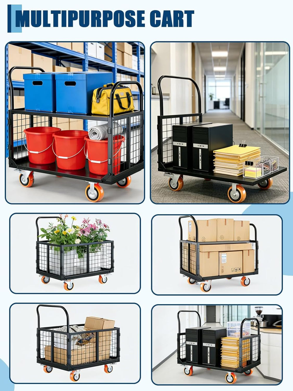 GarveeTech Platform Truck with Cage, 6-in-1 Multi-Purpose Flatbed Cart