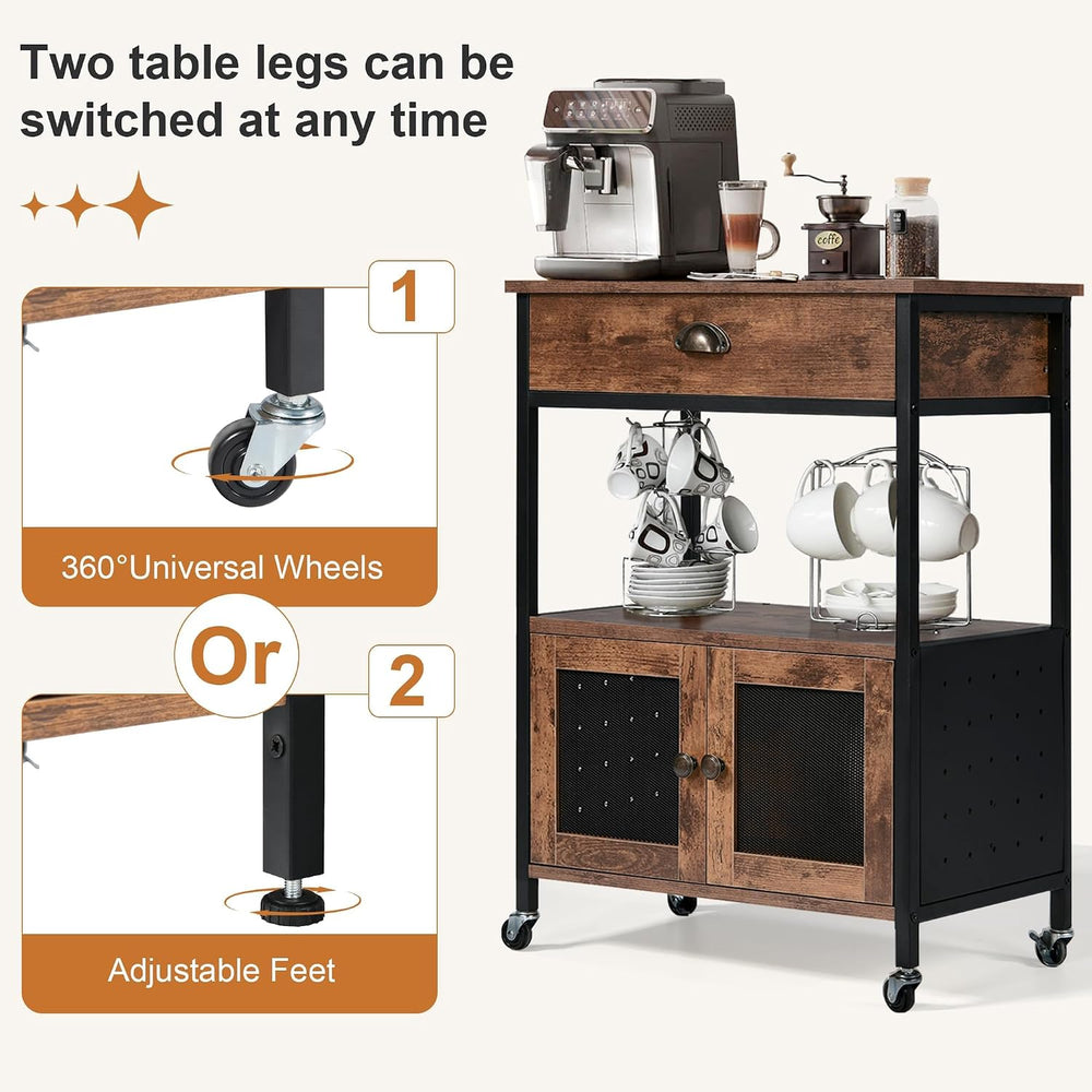 Coffee Bar Cart Cabinet,3 Tier Coffee Station Table on Wheels,Coffee Cart wit...